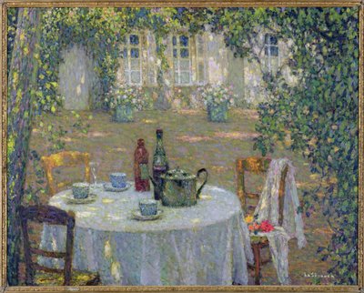 A mesa ao sol no jardim, Gerberoy, c.1911 de Henri Eugene Augustin Le Sidaner